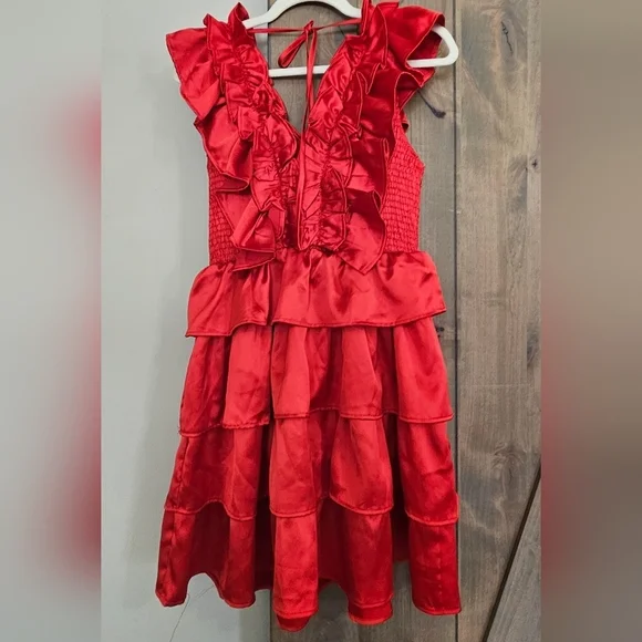 KARLIE Satin Ruffle Smock Dress in Red. Size  M NWOT - Picture 8 of 14